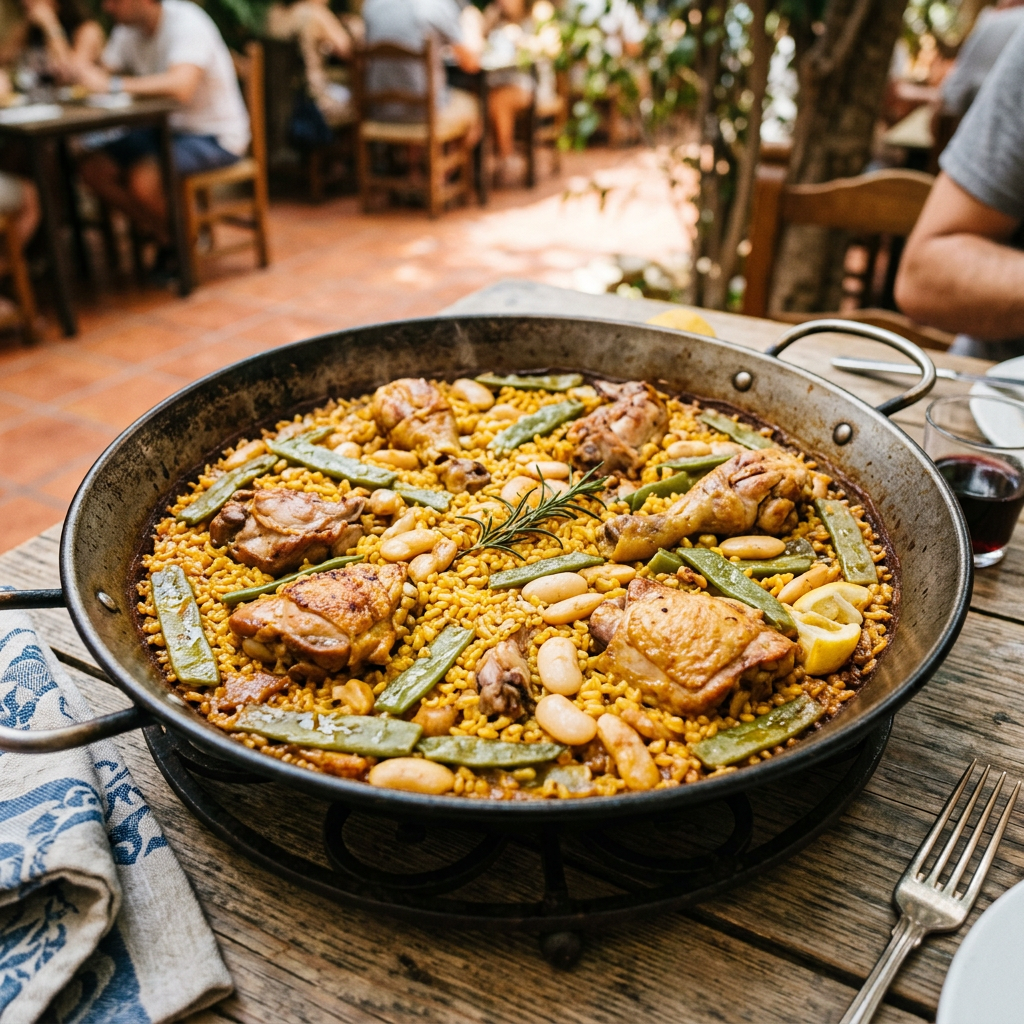 Imagen actual: Pan of chicken paella with green beans and white beans