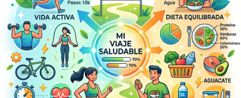 Infographic of health goals including active living, balanced diet, hydration, and meal prep