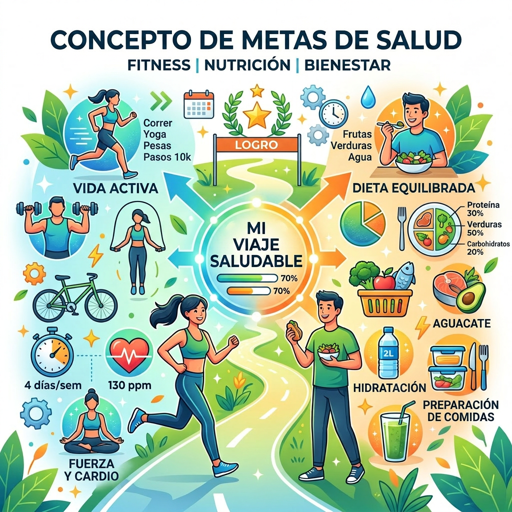 Imagen actual: Infographic of health goals including active living, balanced diet, hydration, and meal prep