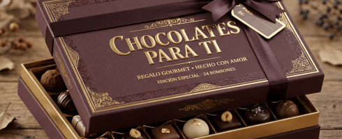 Box of assorted gourmet chocolates labeled Chocolates Para Ti with ribbon