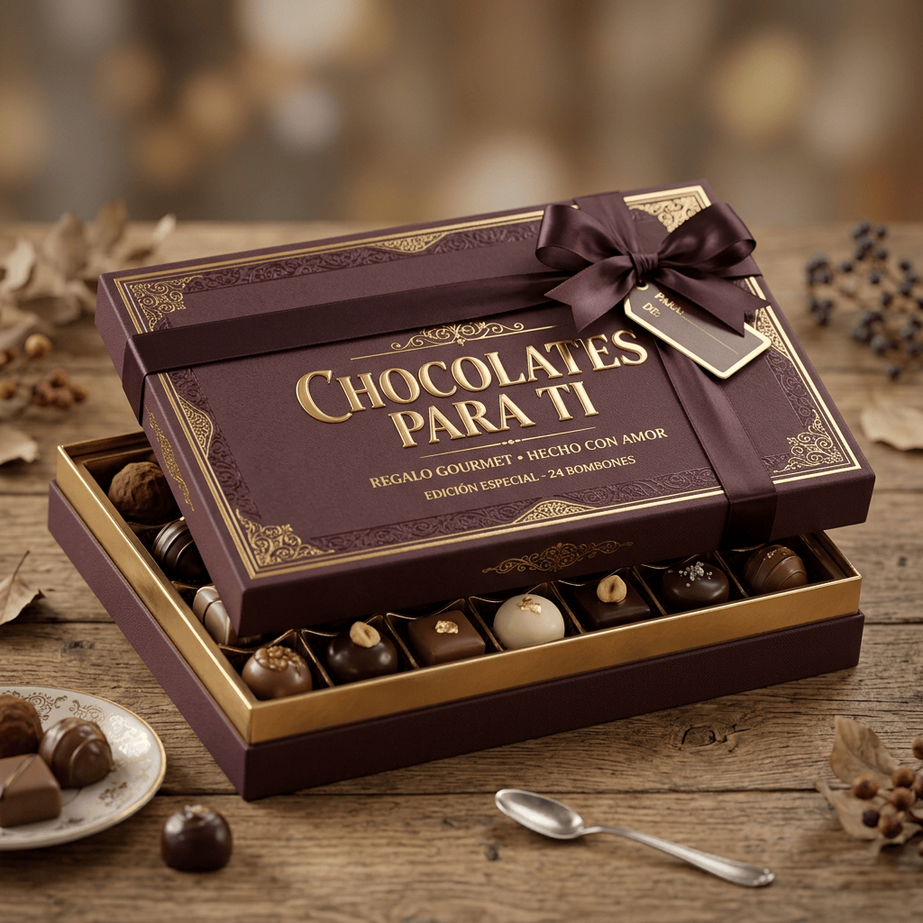 Imagen actual: Box of assorted gourmet chocolates labeled Chocolates Para Ti with ribbon