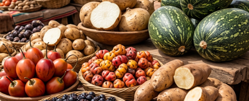 Various native Andean fruits and vegetables arranged in baskets and bowls on a wooden table