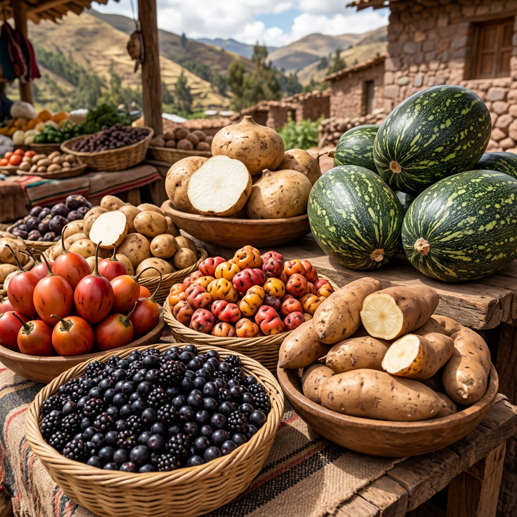 Imagen actual: Various native Andean fruits and vegetables arranged in baskets and bowls on a wooden table