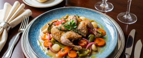 Roasted quail on a bed of carrots, onions, and green peppers with herbs