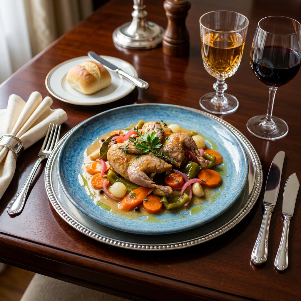 Imagen actual: Roasted quail on a bed of carrots, onions, and green peppers with herbs