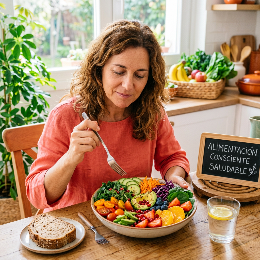 Imagen actual: Woman eating a fresh vegetable and fruit salad with a glass of lemon water and whole grain bread