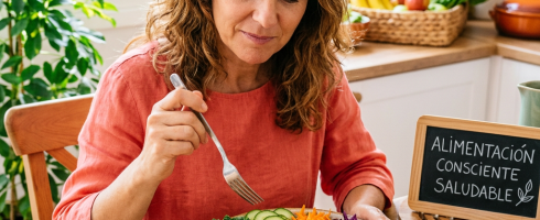 Woman eating a fresh vegetable and fruit salad with a glass of lemon water and whole grain bread
