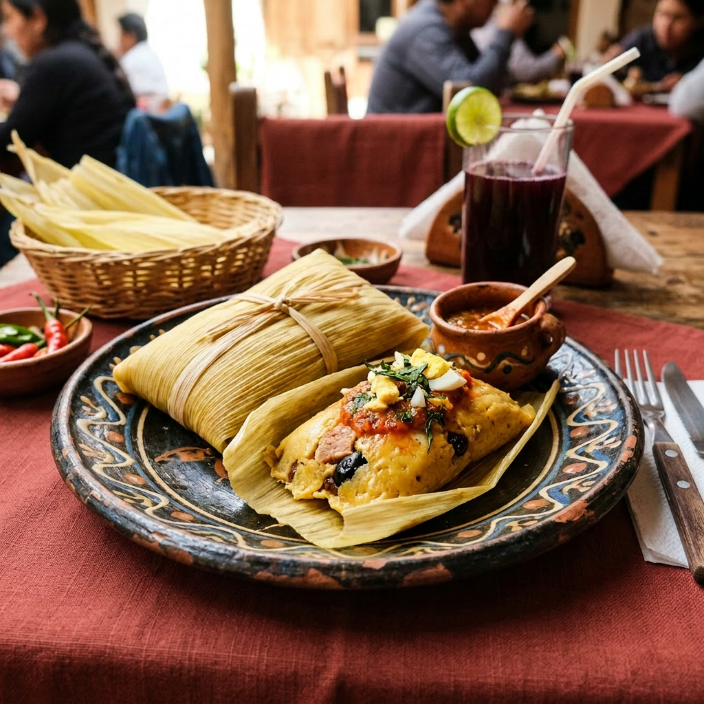 Imagen actual: Traditional Guatemalan tamales wrapped in corn husks on a decorative plate with salsa and a drink