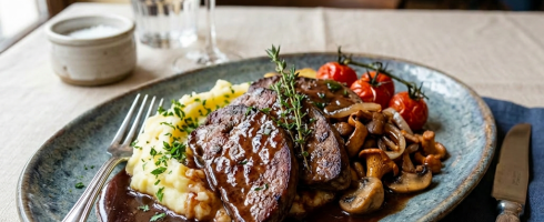 Steak with mashed potatoes, mushrooms, cherry tomatoes, and red wine