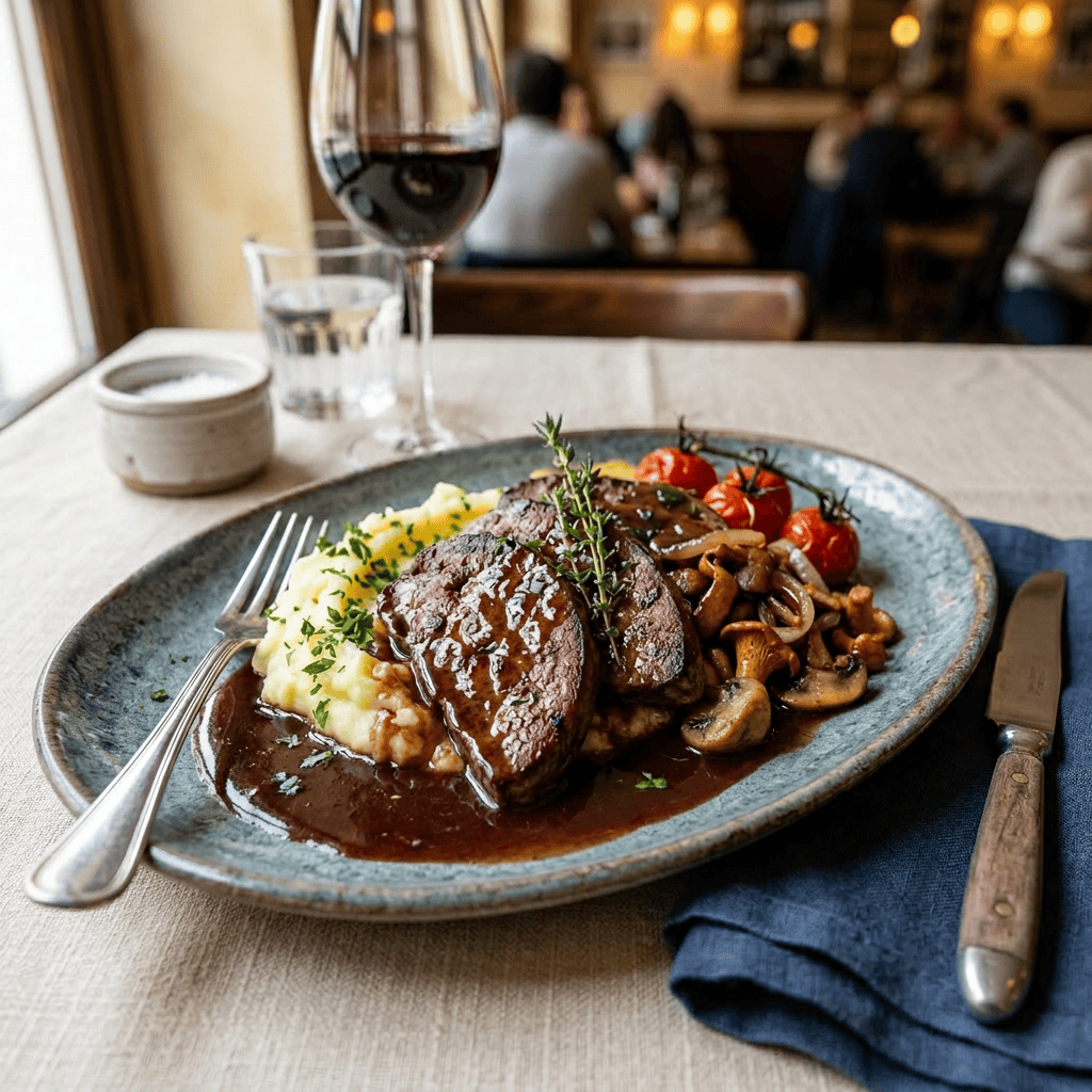 Imagen actual: Steak with mashed potatoes, mushrooms, cherry tomatoes, and red wine