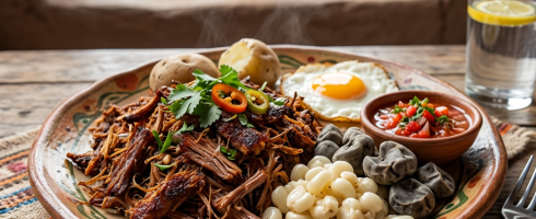 Plate with shredded meat, Andean corn, potatoes, black corn, fried egg, and salsa