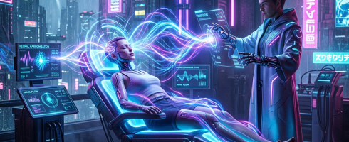 Cybernetic woman reclined on a high-tech medical chair with neural data streams connecting to a technician operating holographic controls