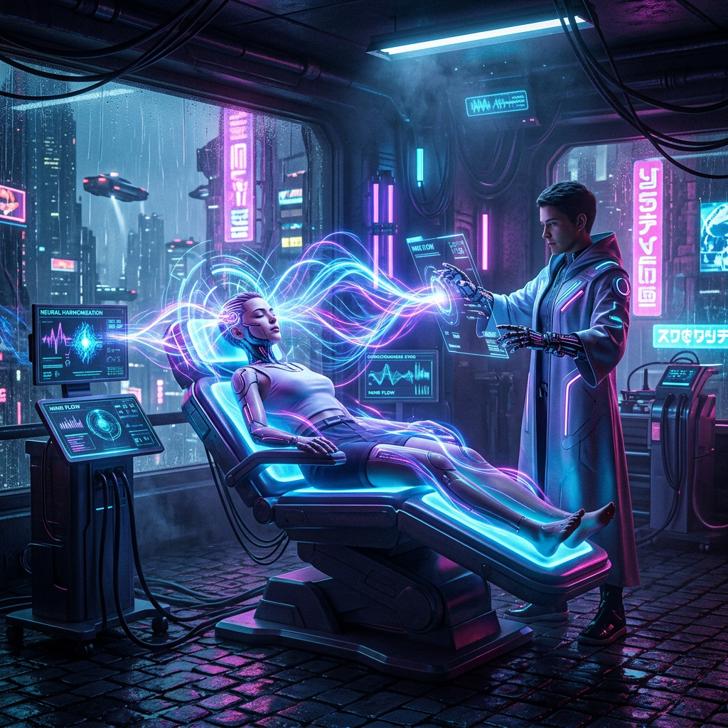 Imagen actual: Cybernetic woman reclined on a high-tech medical chair with neural data streams connecting to a technician operating holographic controls