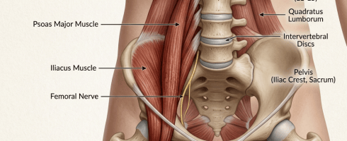 Anatomical illustration of psoas major muscle, iliacus muscle, femoral nerve, lumbar vertebrae, and pelvis with labeled parts and psoas muscle importance.