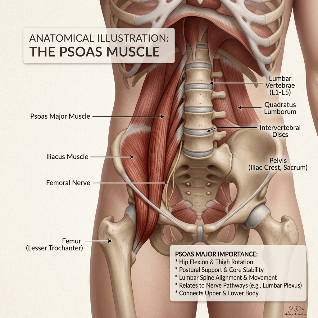 Imagen actual: Anatomical illustration of psoas major muscle, iliacus muscle, femoral nerve, lumbar vertebrae, and pelvis with labeled parts and psoas muscle importance.