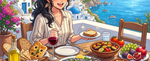Woman smiling at a table with Mediterranean dishes overlooking a seaside village