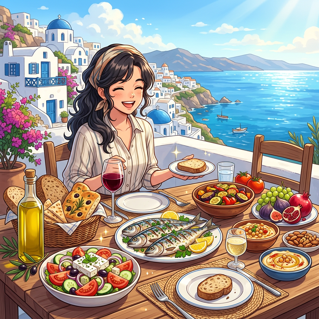 Imagen actual: Woman smiling at a table with Mediterranean dishes overlooking a seaside village