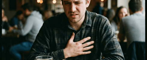 Man holding chest with pain while sitting at table in café