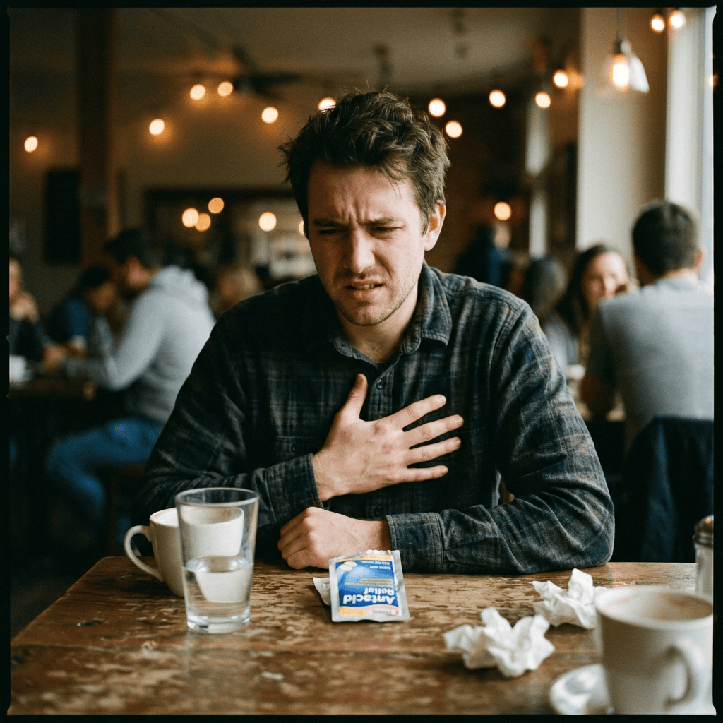 Imagen actual: Man holding chest with pain while sitting at table in café