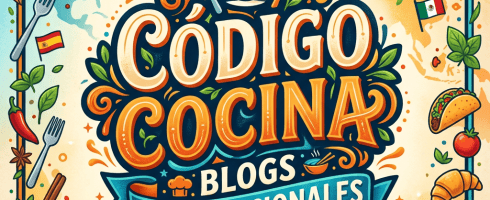 Colorful emblem with the text Codigo Cocina Blogs Internacionales surrounded by international food items, flags, and landmarks.