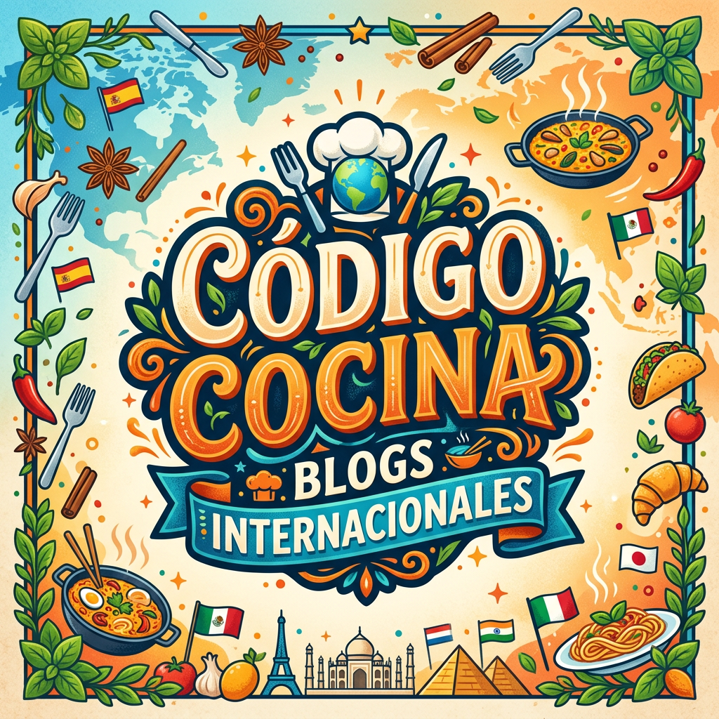 Imagen actual: Colorful emblem with the text Codigo Cocina Blogs Internacionales surrounded by international food items, flags, and landmarks.