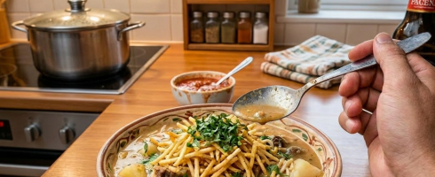 Bowl of Bolivian soup with meat, potatoes, and crispy noodles at market stall