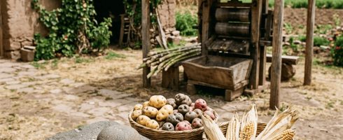 Baskets of colorful potatoes and corn with stone grinding tools on a wooden table outdoors