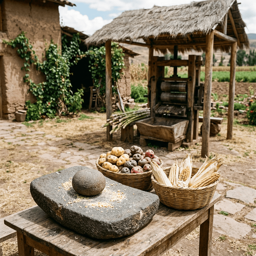 Imagen actual: Baskets of colorful potatoes and corn with stone grinding tools on a wooden table outdoors