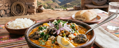 Bowl of Andean soup with boiled egg, vegetables, and herbs served alongside white rice and bread