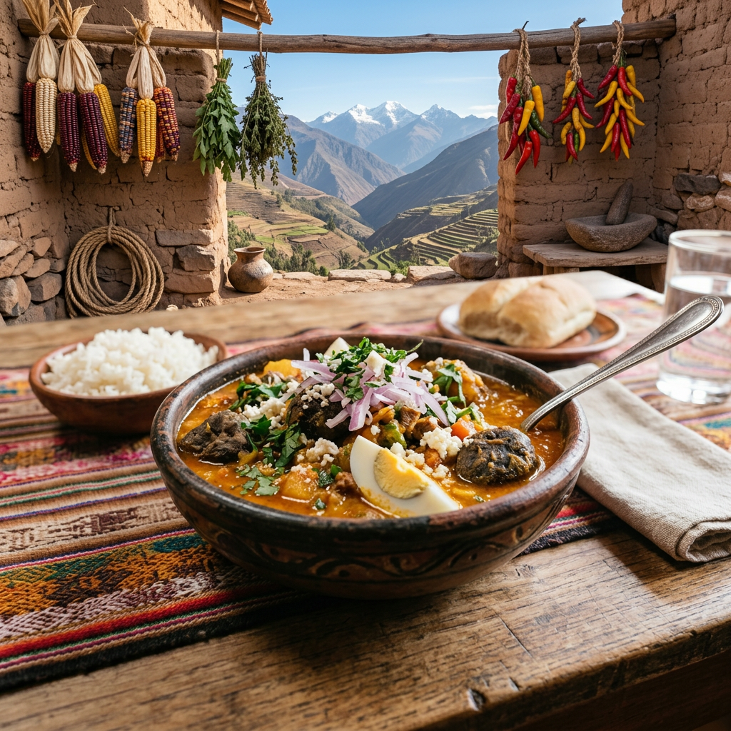 Imagen actual: Bowl of Andean soup with boiled egg, vegetables, and herbs served alongside white rice and bread