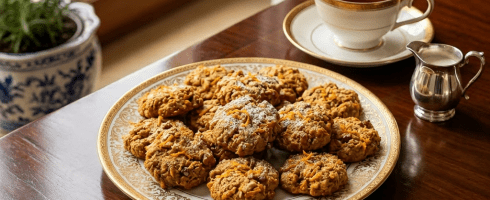Plate of carrot cookies sprinkled with powdered sugar and orange zest alongside a cup of tea