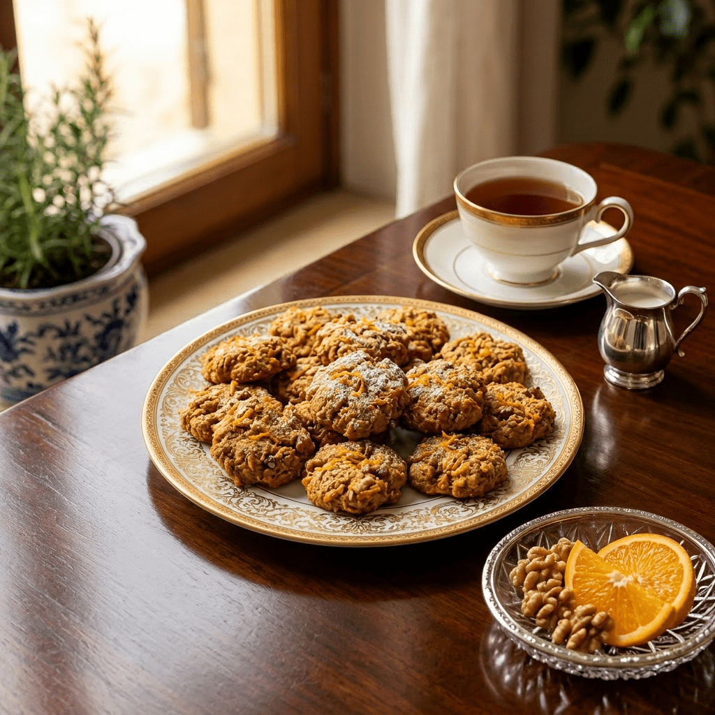 Imagen actual: Plate of carrot cookies sprinkled with powdered sugar and orange zest alongside a cup of tea
