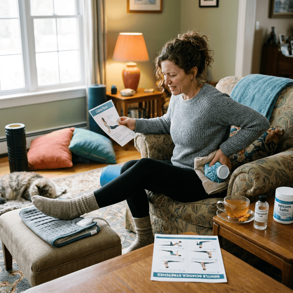 Imagen actual: Woman holding ice pack to lower back while reading back pain exercises