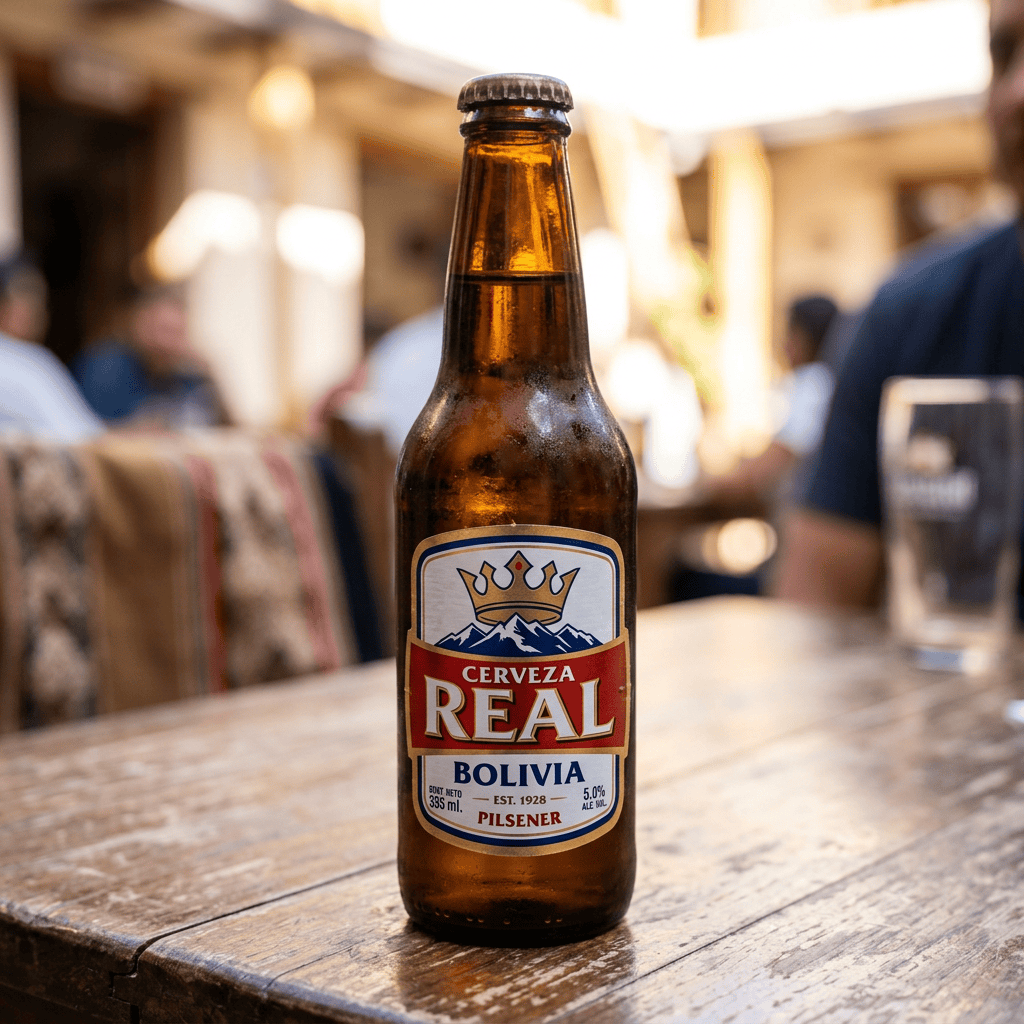 Imagen actual: Bottle of Cerveza Real Bolivian pilsener beer on a wooden surface