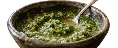 Bowl of green sauce on colorful cloth with bread and empanadas on wooden table