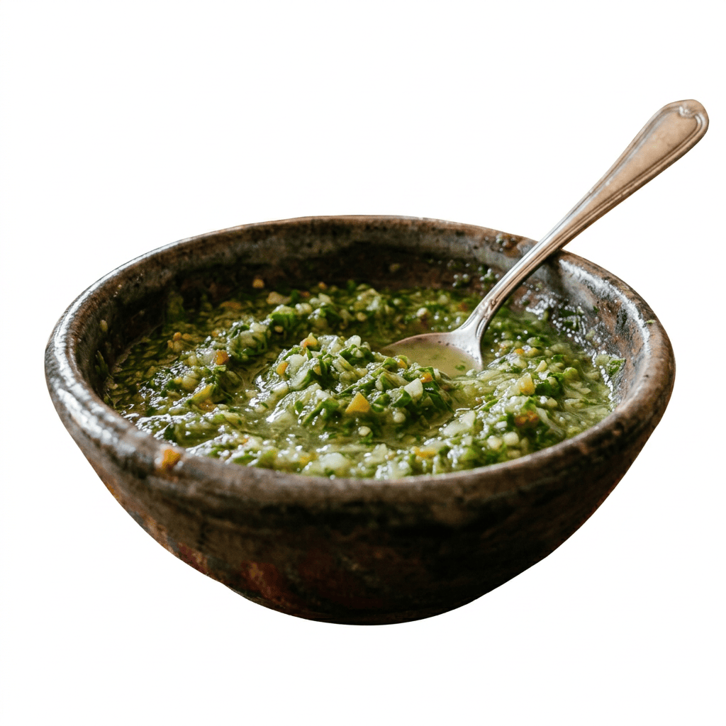 Imagen actual: Bowl of green sauce on colorful cloth with bread and empanadas on wooden table
