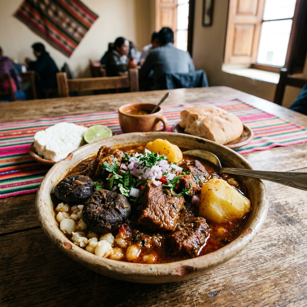 Imagen actual: Hearty Andean stew with beef, potatoes, corn, mushrooms, and fresh herbs in a ceramic bowl