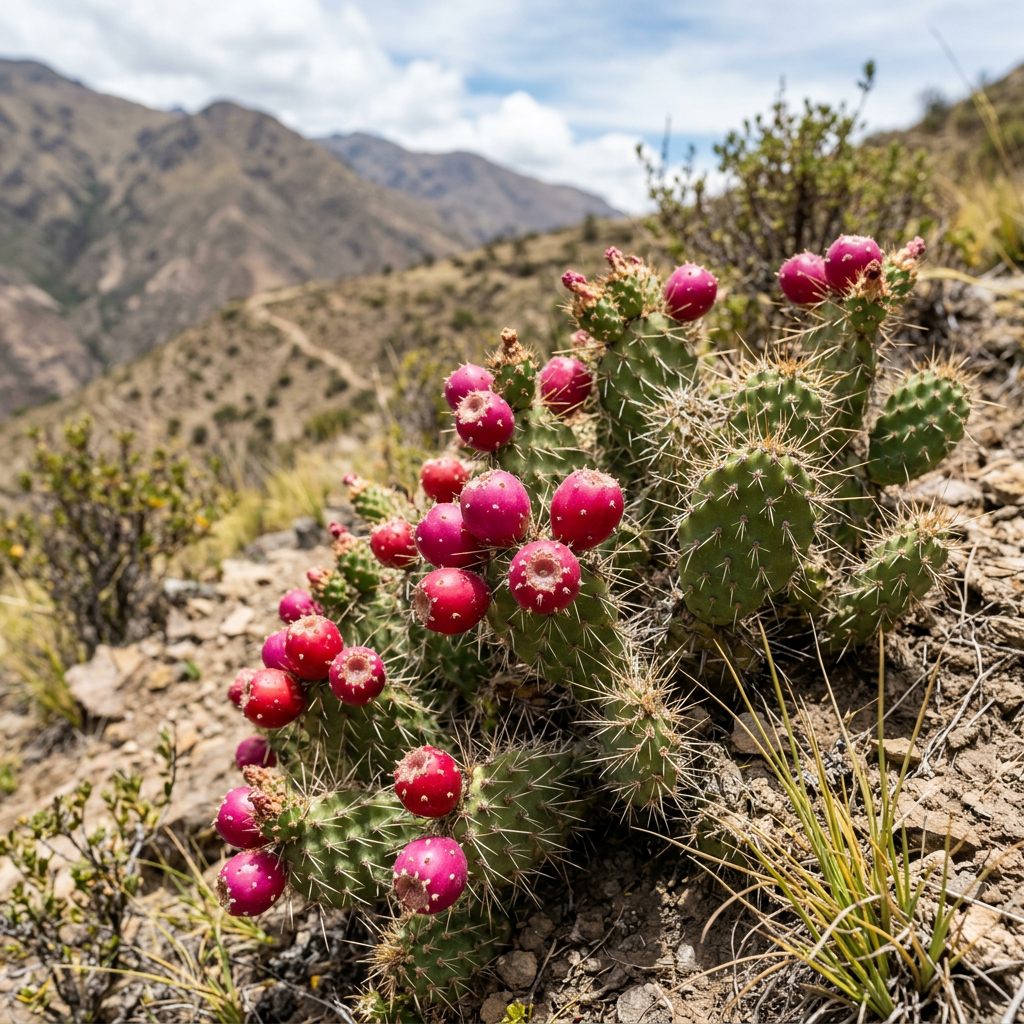 Imagen actual: Prickly pear cactus with green pads and bright red fruits growing on rocky mountain terrain