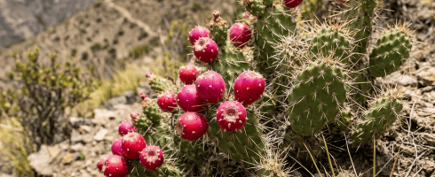Prickly pear cactus with green pads and bright red fruits growing on rocky mountain terrain