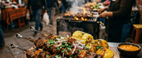 Grilled meat skewers with corn and potatoes on a plate at a bustling street food market