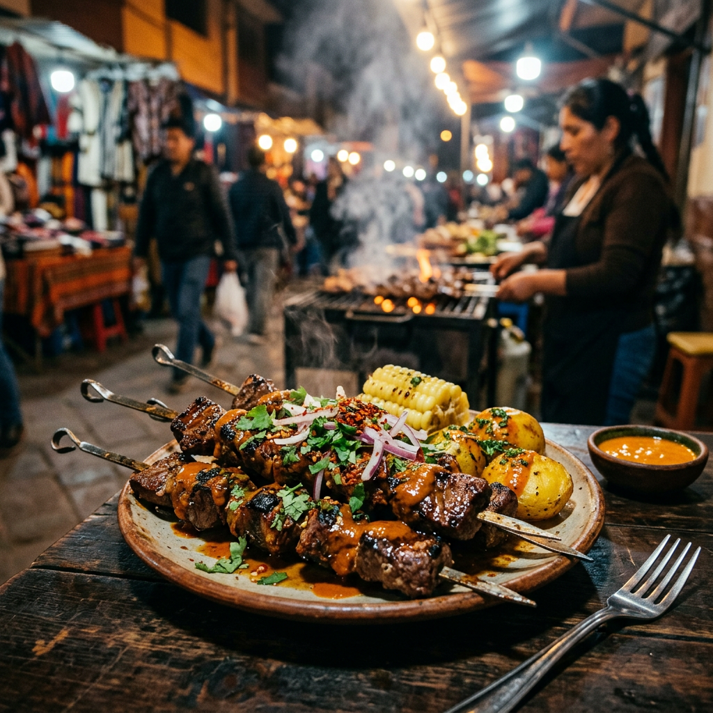 Imagen actual: Grilled meat skewers with corn and potatoes on a plate at a bustling street food market