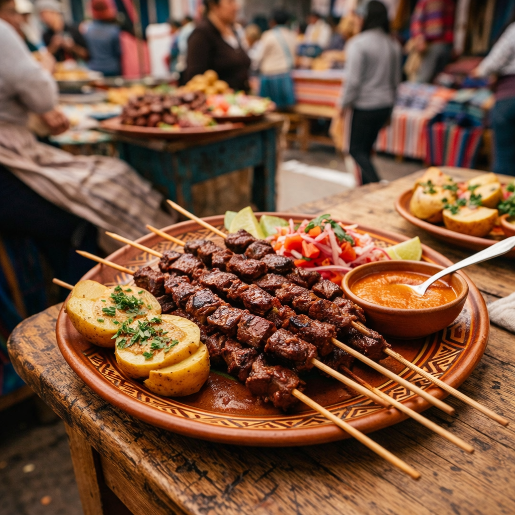 Imagen actual: Grilled meat skewers with cooked potatoes, salsa, and dipping sauce on a plate