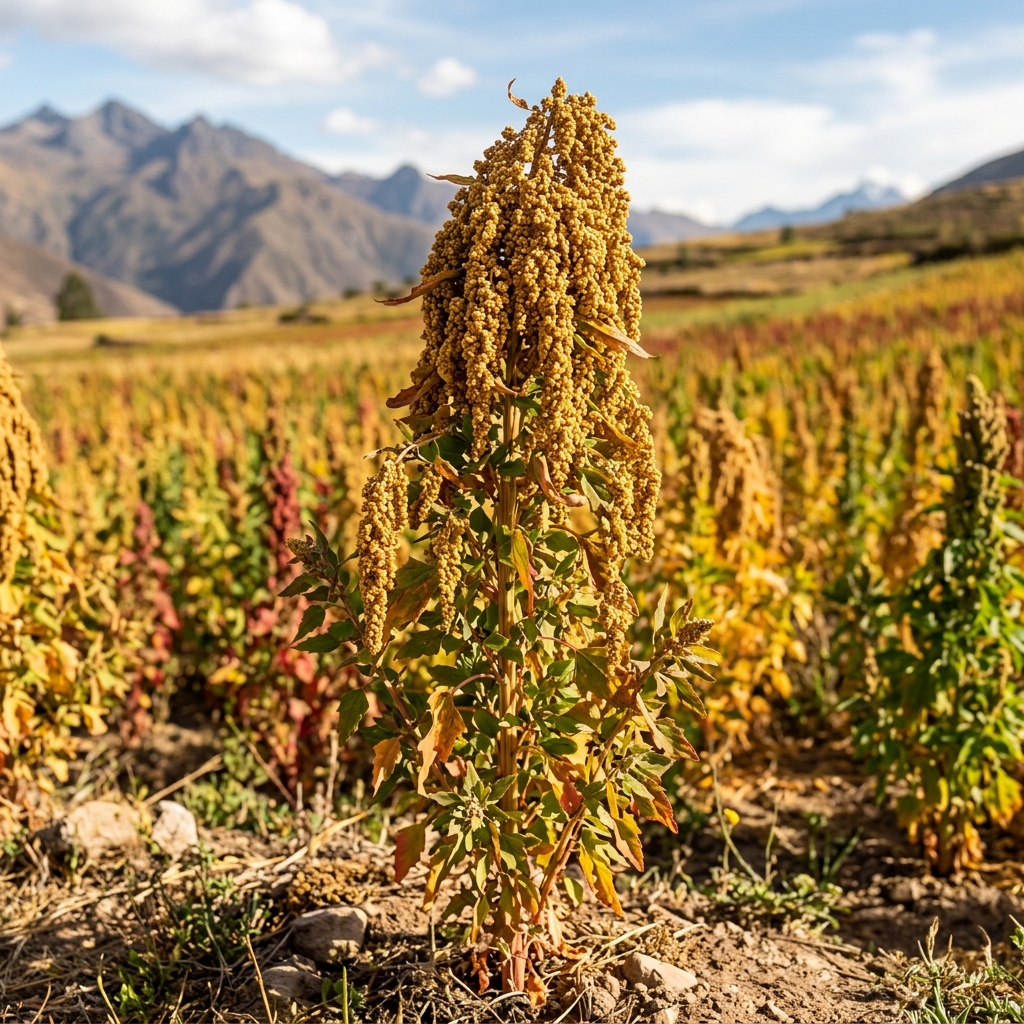Imagen actual: Mature quinoa plant with grain clusters in a field with mountains