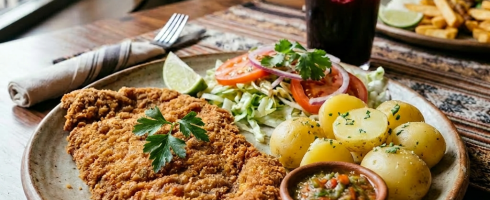 Fried breaded fish fillet with French fries and salad with tomato and onion