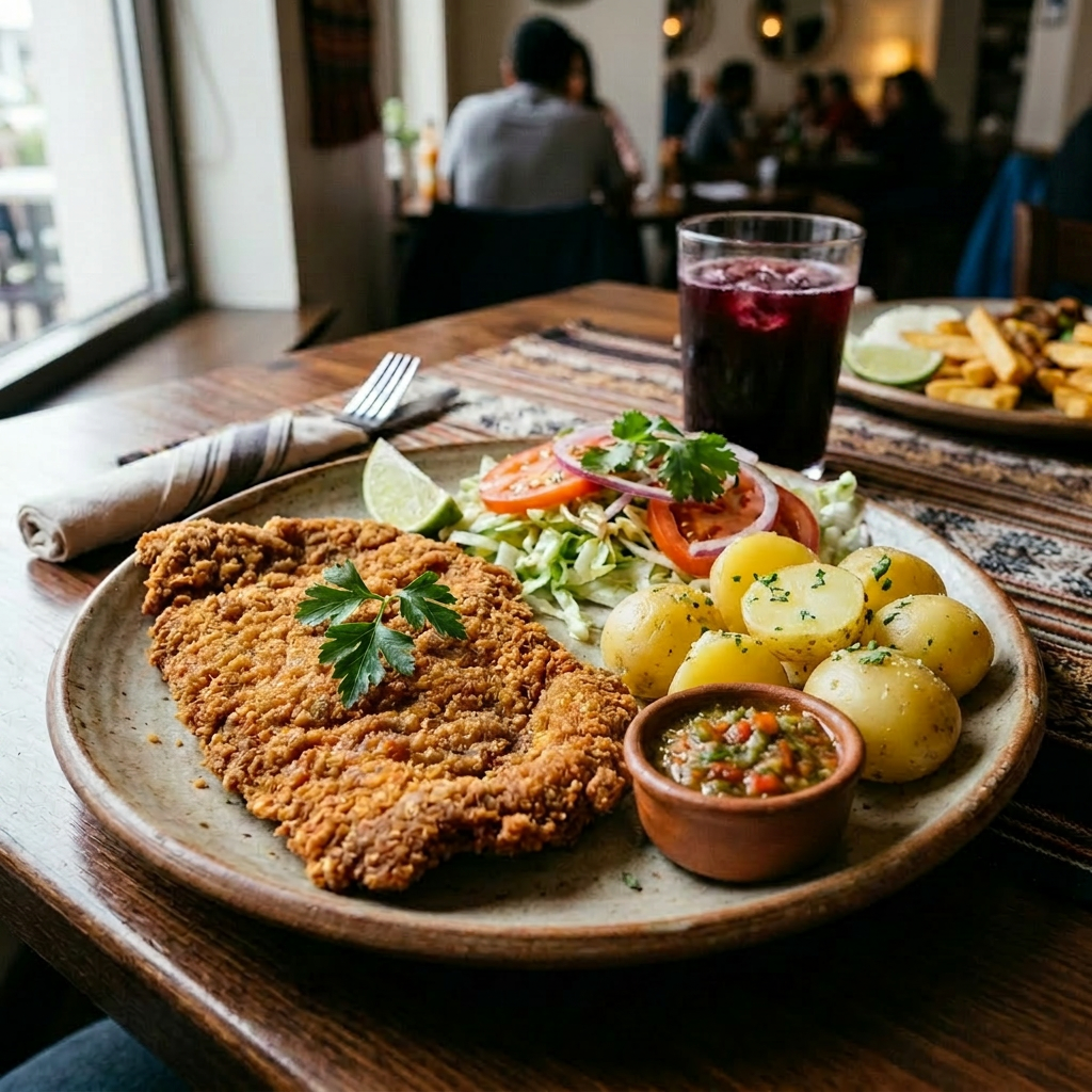 Imagen actual: Fried breaded fish fillet with French fries and salad with tomato and onion