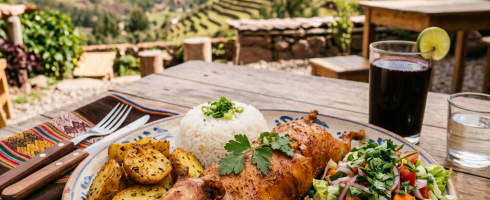 Cui with potatoes, rice, salad, herbs