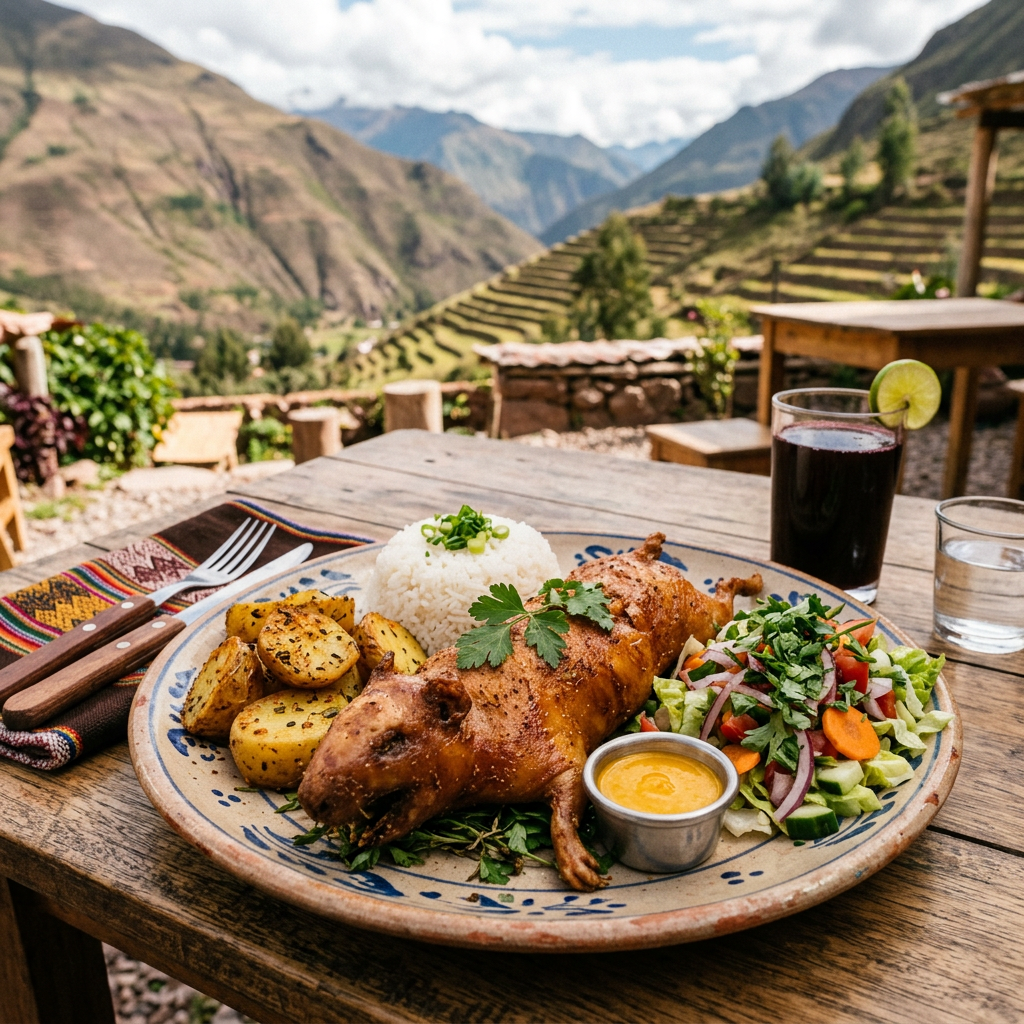 Imagen actual: Cui with potatoes, rice, salad, herbs