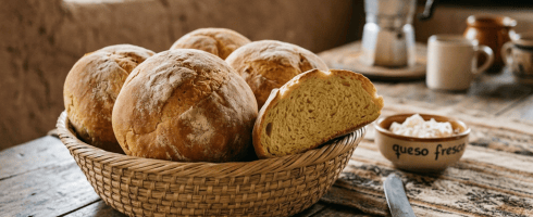 Basket of round bread loaves and a bowl labeled 'queso fresco' on wooden table