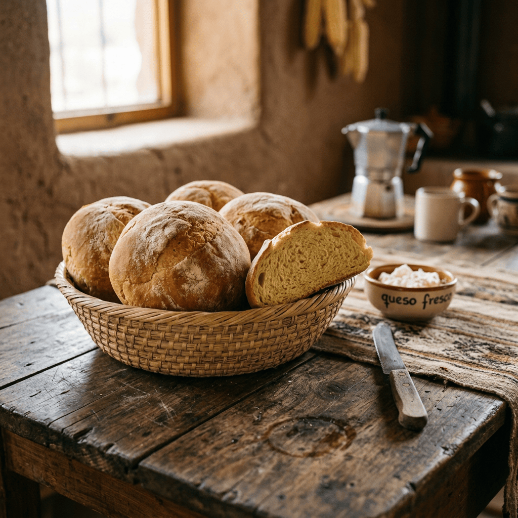 Imagen actual: Basket of round bread loaves and a bowl labeled 'queso fresco' on wooden table
