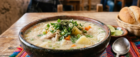 Bowl of chunky soup with potatoes, carrots, herbs, and chicken in rustic setting